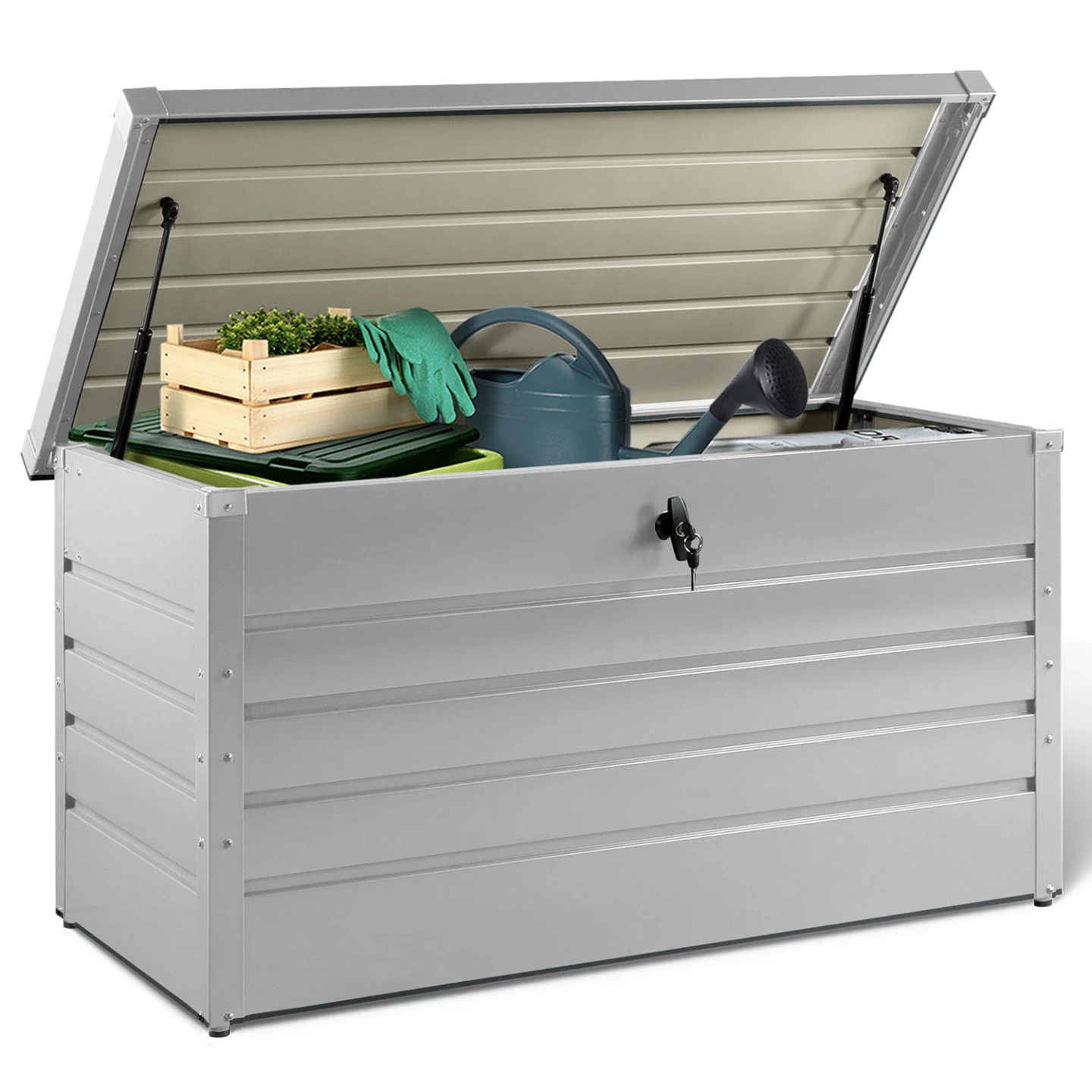 Coffre de rangement métal verrouillable gris clair pour jardin 350L 120x62,5x63 cm