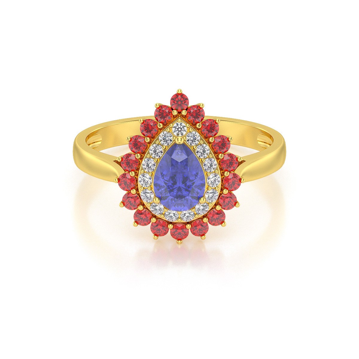 Bague ADEN Or 585 Jaune Tanzanite Rubis et diamants 3.15grs