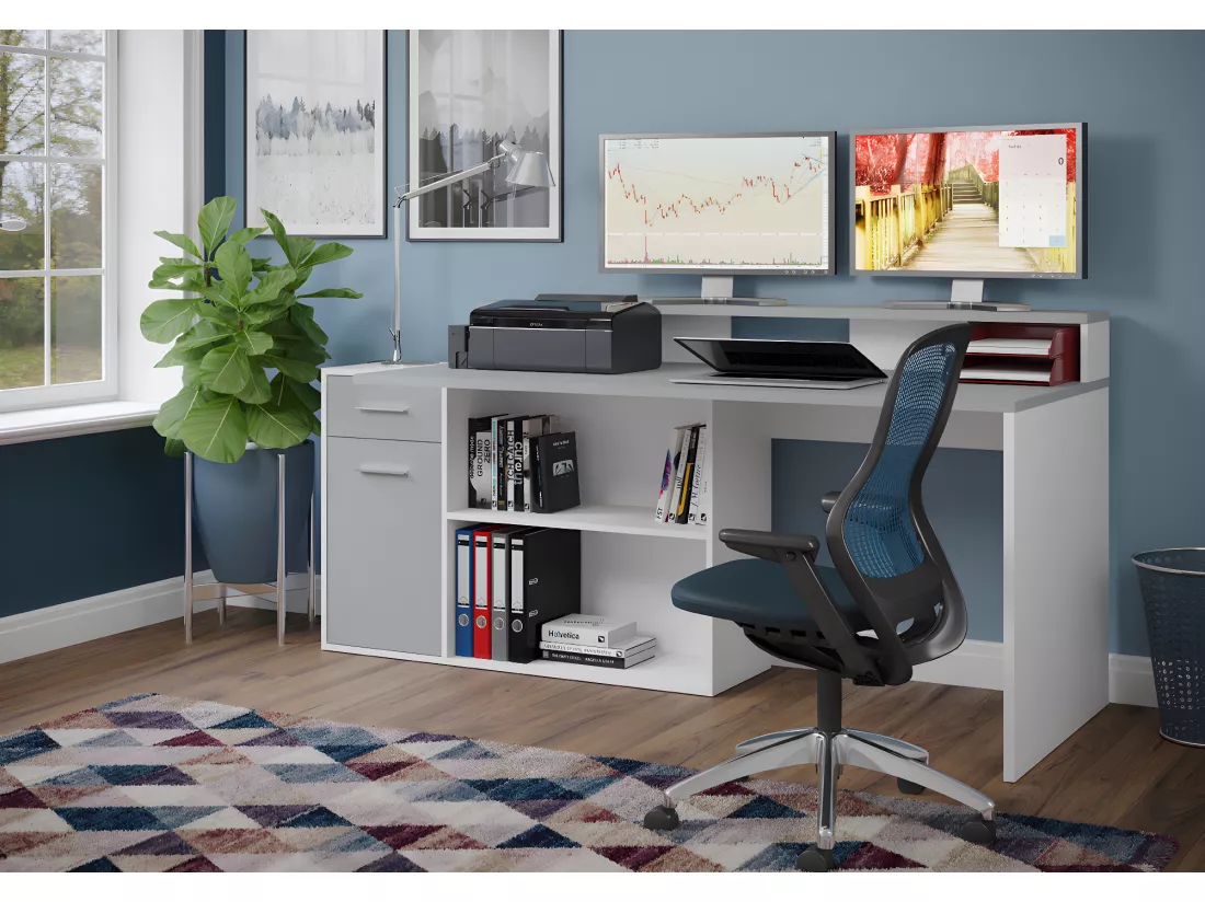 Bureau gamer, table de jeu coloris blanc, gris pastel - L. 160 x H. 92 x P. 115 cm