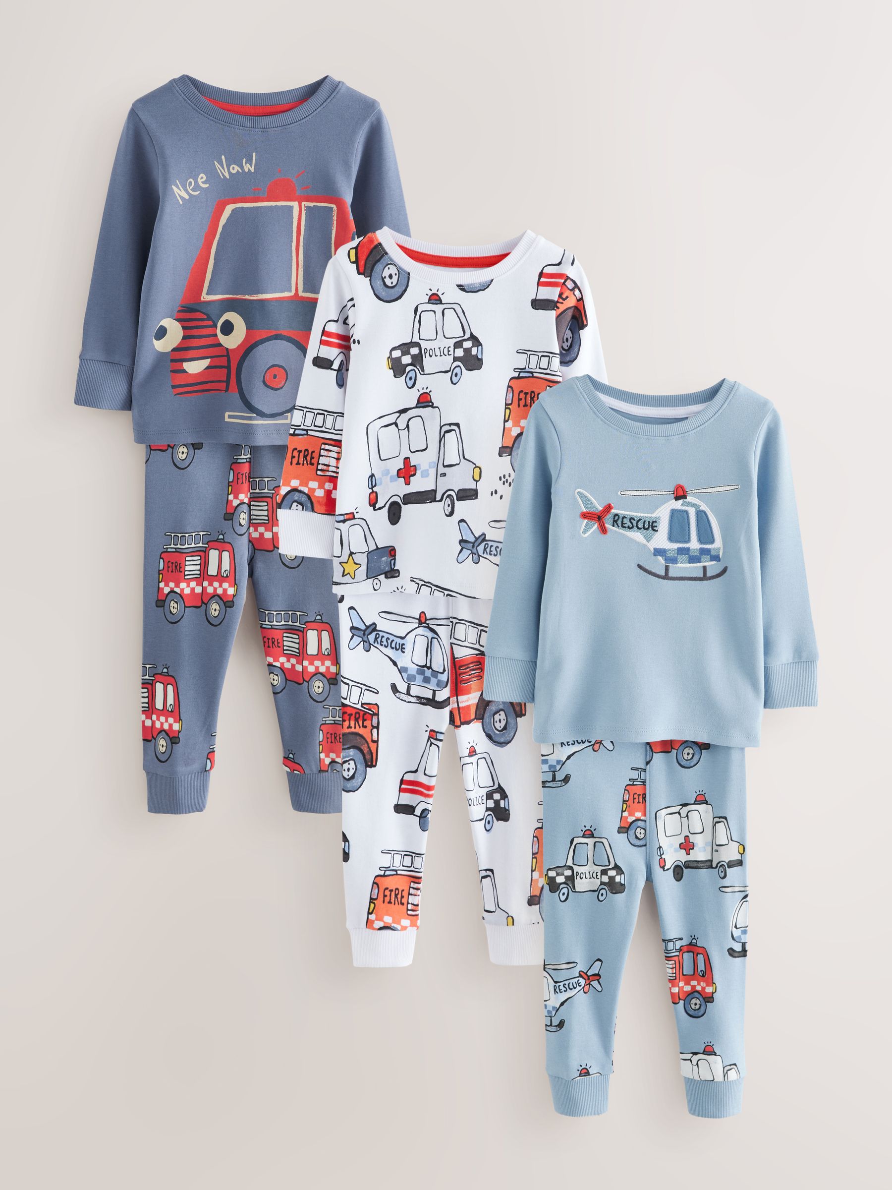 Rood/ blauw met hulpverleningsvoertuig - Mini Knusse Pyjama's 3 Set (9mnd-10jr)