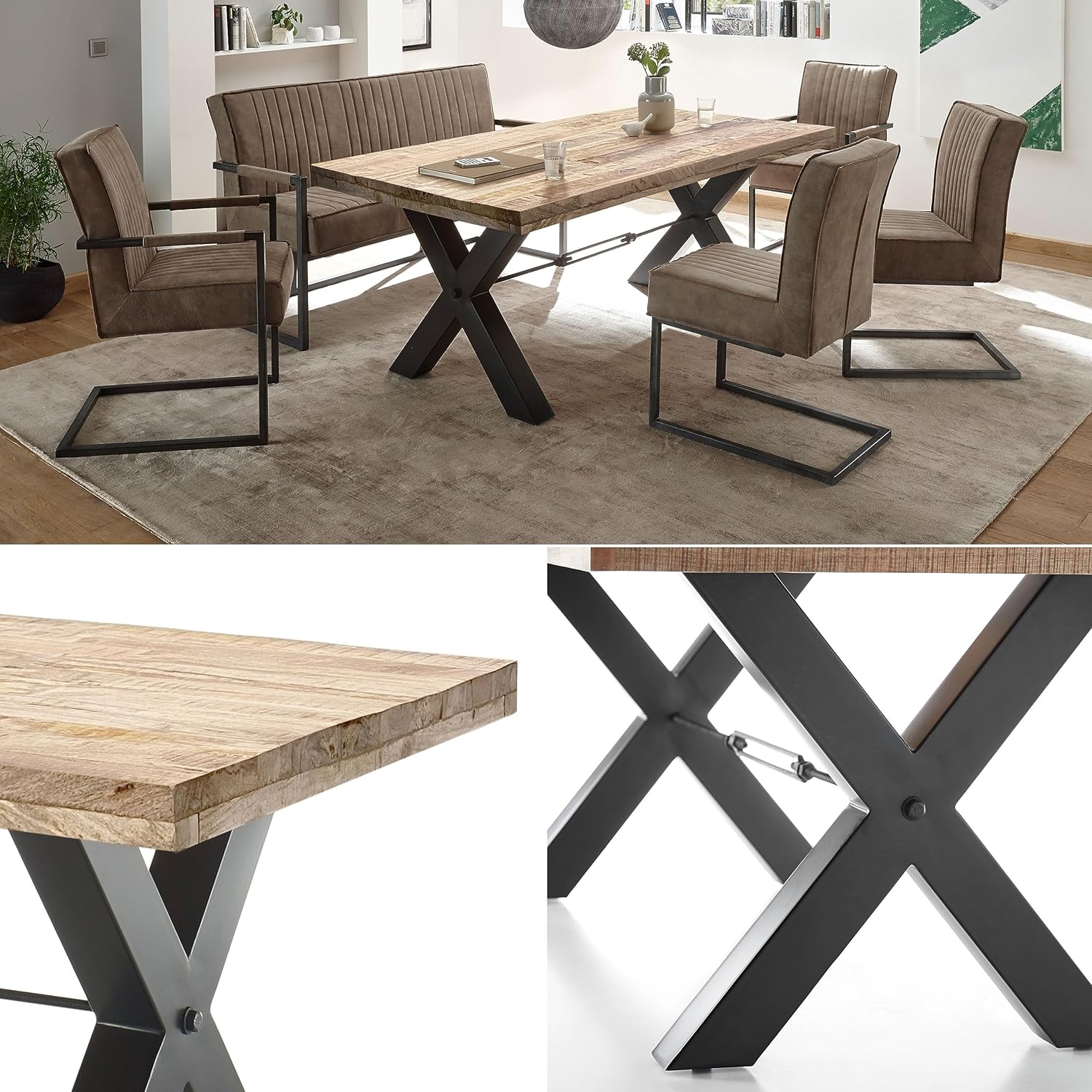 DEHLI Esstisch Massivholz Mango - Hochwertiger Esszimmertisch mit X-förmigem Metallgestell für Ihr Esszimmer - 200 x 77 x 100 cm (B/H/T)