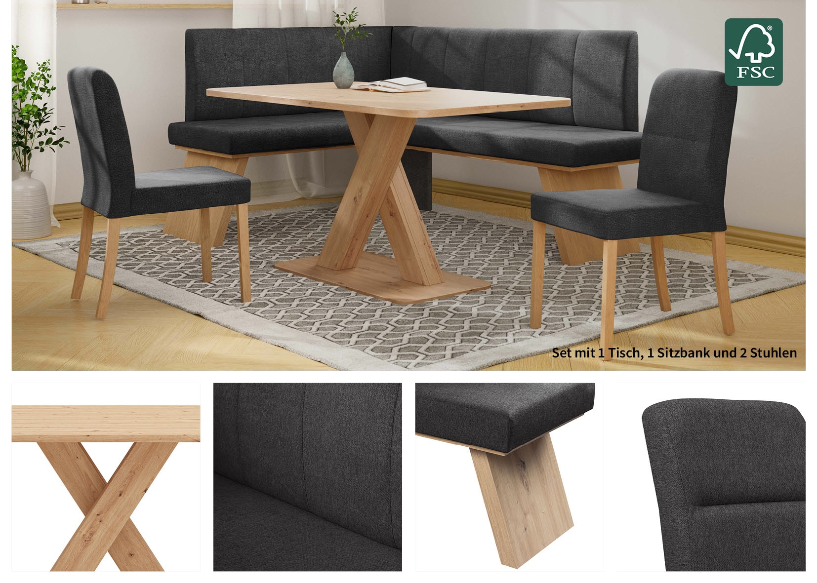 Home affaire Eckbankgruppe »Nina« Set, 4er, 4 Stk. tlg. Sitzgruppe Esszimmer Stühle Tisch und Bank bequem gepolstert