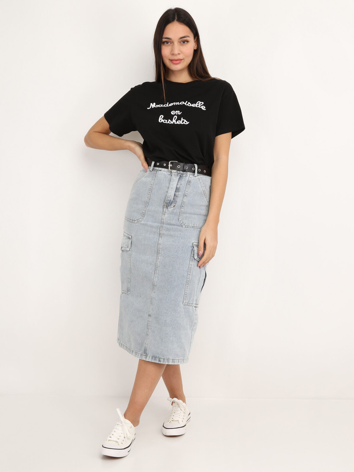 Jupe cargo en jeans avec ceinture- Bleu clair