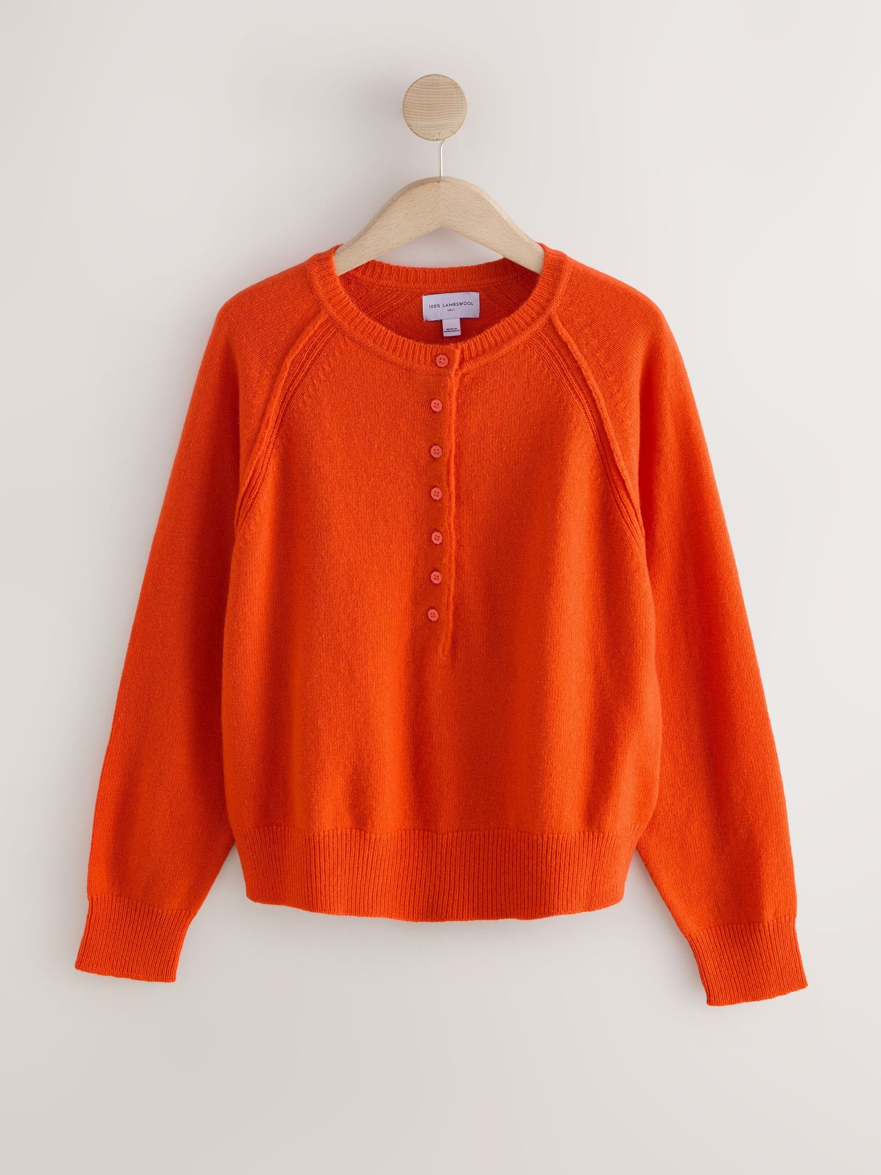Oranje - 100% Lamswol N.Premium Henley Trui met Ronde Hals