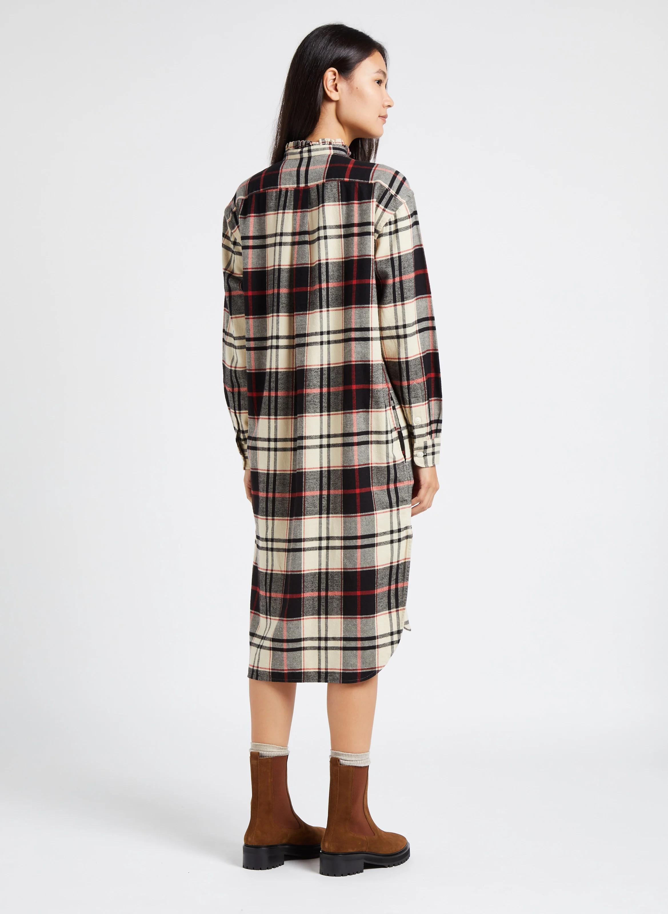 Robe chemise col mao à carreaux en coton | Multicolore