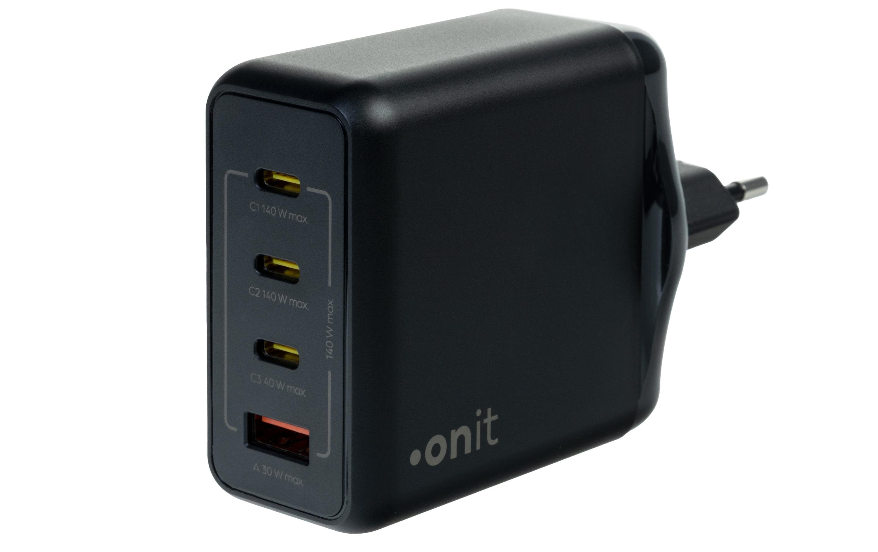 USB-Wandladegerät Quad 3C1A 140 W GaN SchwarzLadeadapter mit drei USB-C-Ports und einem USB-A-Port