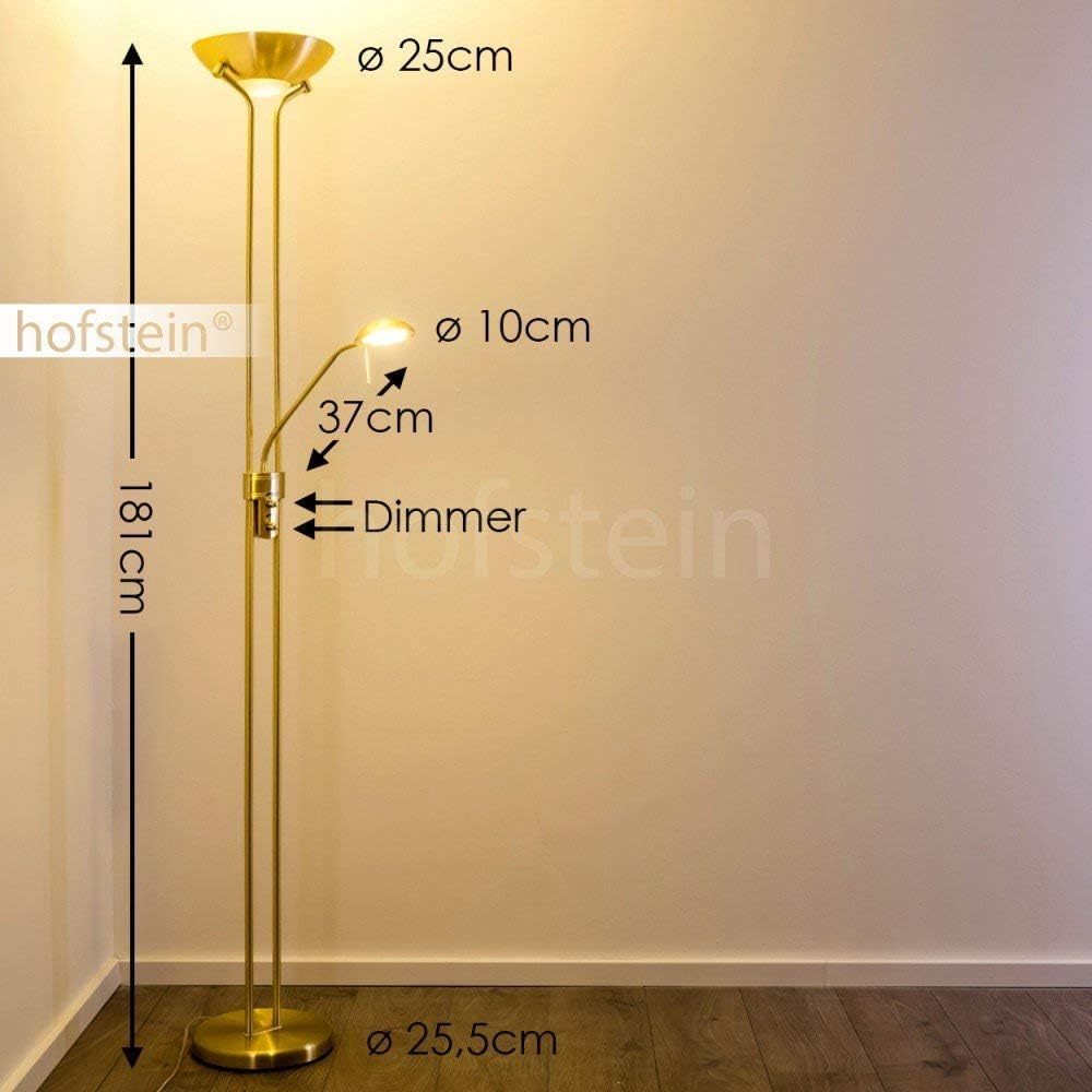 LED Stehlampe Rom aus Metall in Messing, dimmbare Stehleuchte Drehdimmer am Gehäuse, 1 x 18 Watt, 1600 Lumen u. 1 x 5 Watt, 480 Lumen, 3000 Kelvin (warmweiß), Deckenfluter mit verstellbarem Lesearm