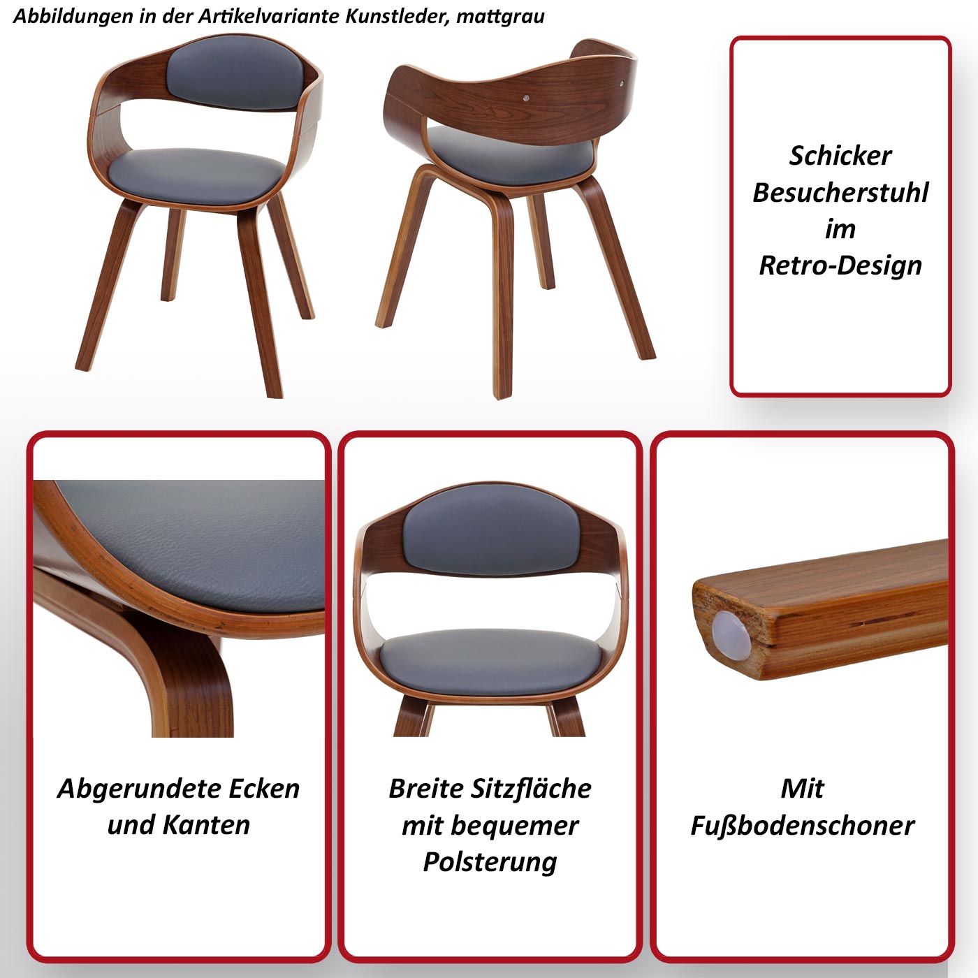 Besucherstuhl MCW-A47, Konferenzstuhl Stuhl, Holz Bugholz Retro-Design Walnussoptik ~ Stoff/Textil, creme-beige