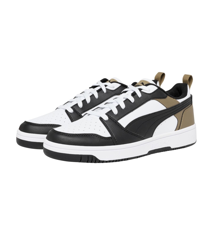 Tênis Puma Rebound V6 Low, branco e preto.
