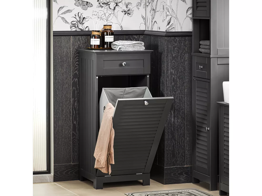 SoBuy Meuble Bas de Salle de Bain Armoire Toilette avec 1 Tiroir et 1 Panier à Linge, BZR73-DG