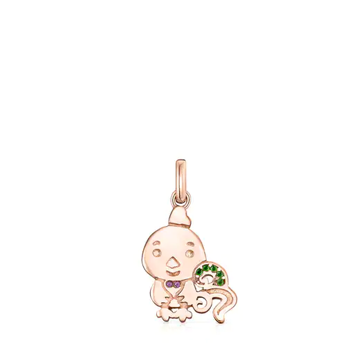 Pingente de galo com banho de ouro rosa 18k sobre prata, rubi e diópsido cromado. Horóscopo Chinês.