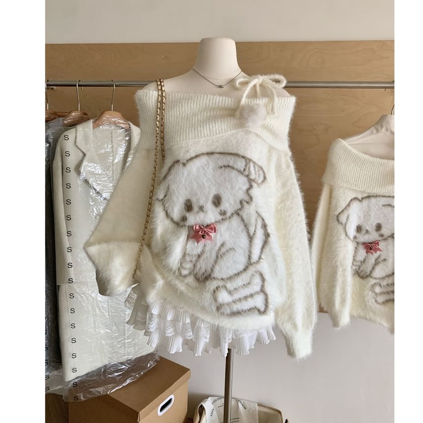 Dute - Off Shoulder Cartoon Patroon Trui met Strik