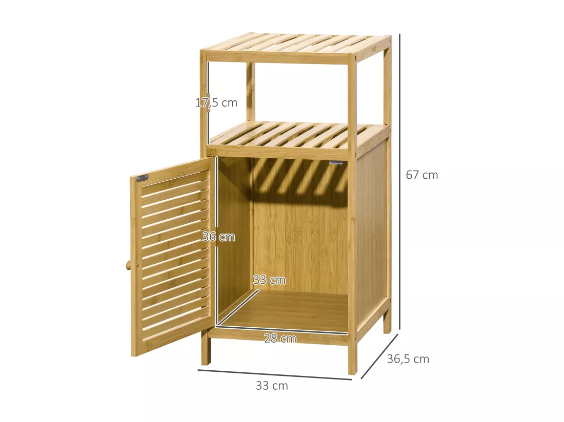 Meuble bas salle de bain rangement salle de bain 1 porte 2 étagères bois bambou verni