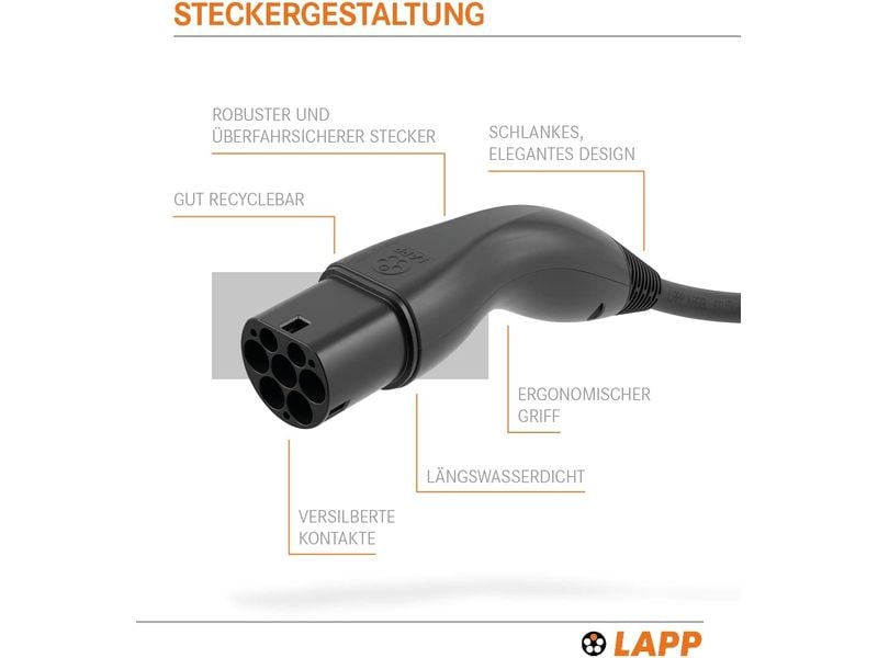 Lapp Ladekabel für Elektroauto Typ 2, 7.4kW, 32A, 5 m, Schw 3-phasiges Helix-Kabel zum Laden von Hybrid- und Elektroautos mit Typ-2-Anschluss