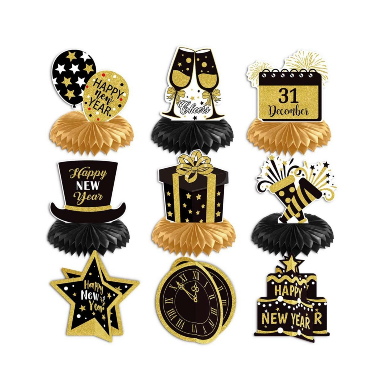 (9-tlg. Set) Papier Waben Aufsteller Silvester Party Tisch Deko - Happy New Year