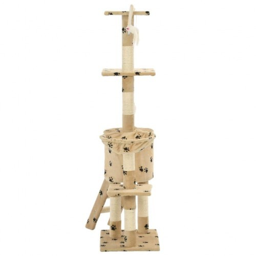 Arranhador bege para gatos com estampa de sisal e pegadas.