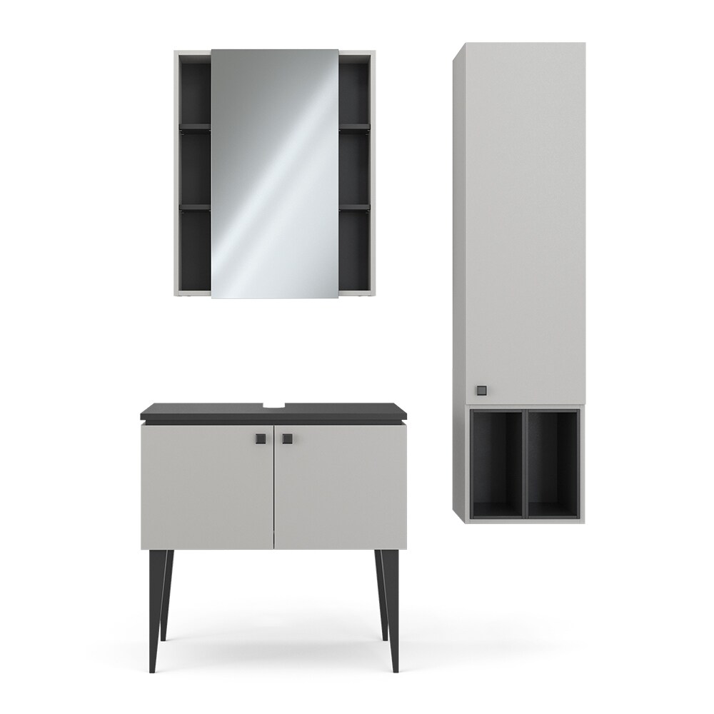 Vicco Badmöbel-Set Gerta in Grau-Schwarz, Badezimmer-Set, moderne Badserie, Spiegelschrank, Waschbeckenunterschrank, Hängeschrank mit 1 Tür