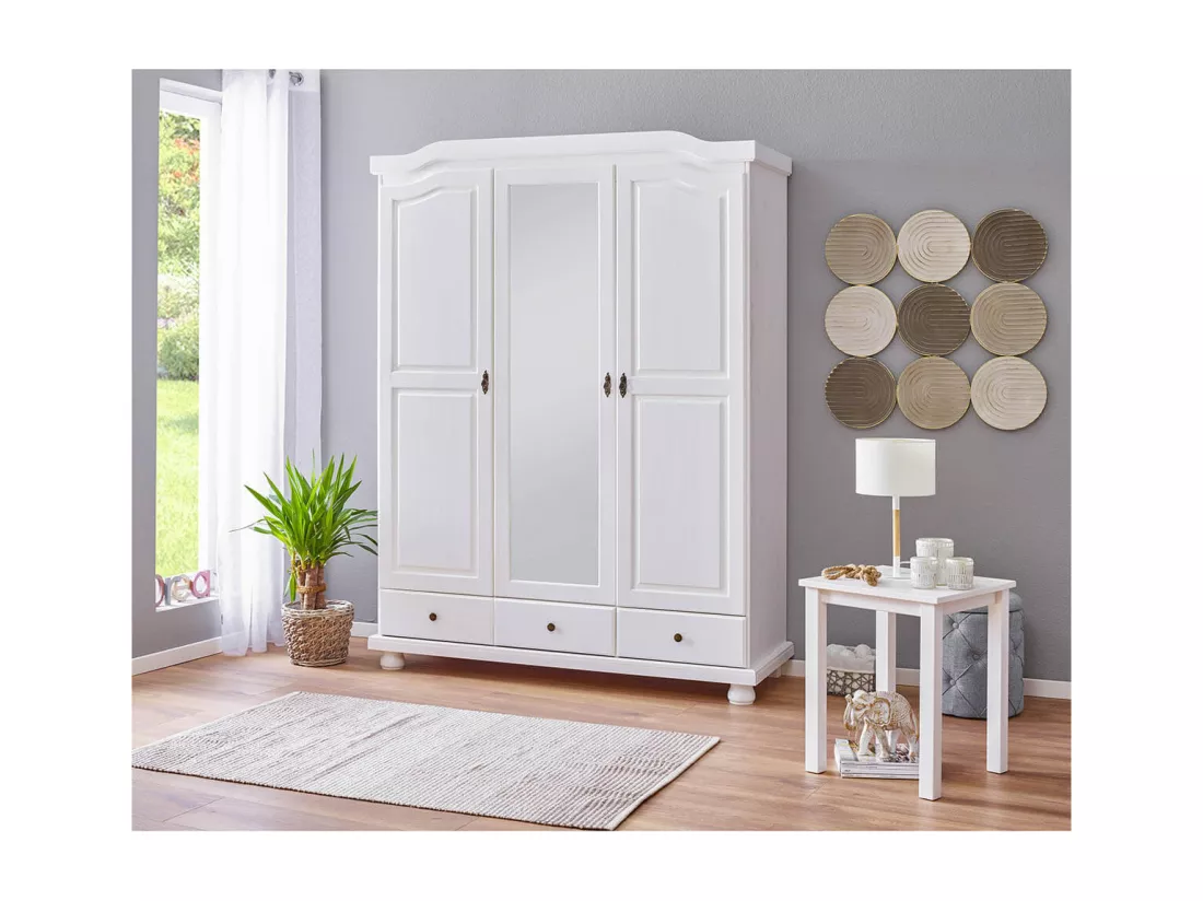 NEDER - Armoire 3 Portes Avec Penderie Bois Massif Vernis Blanc