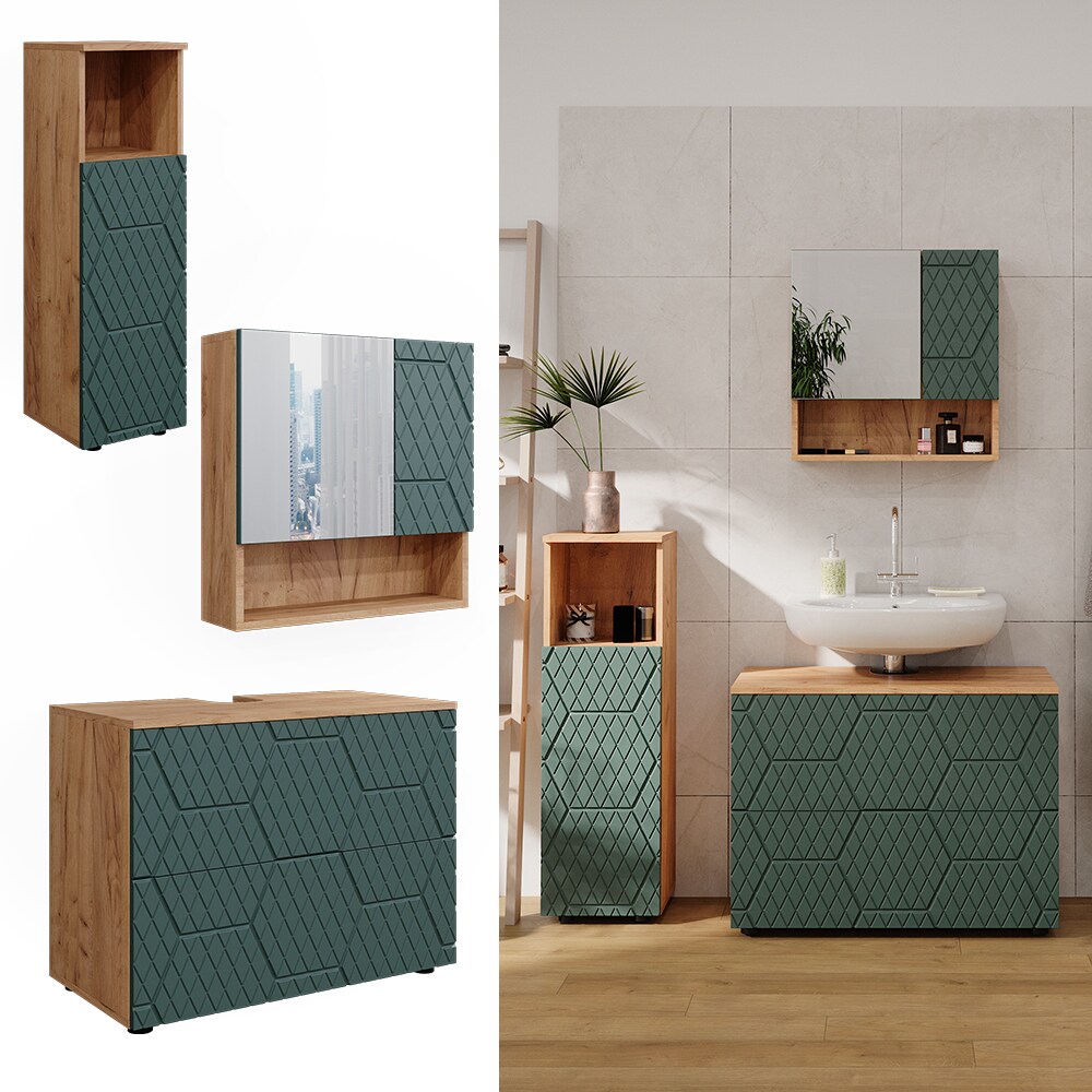 Vicco Badmöbel-Set Irma Eiche Grün 4-teilig Midischrank 95 cm Waschbeckenschrank 80 cm