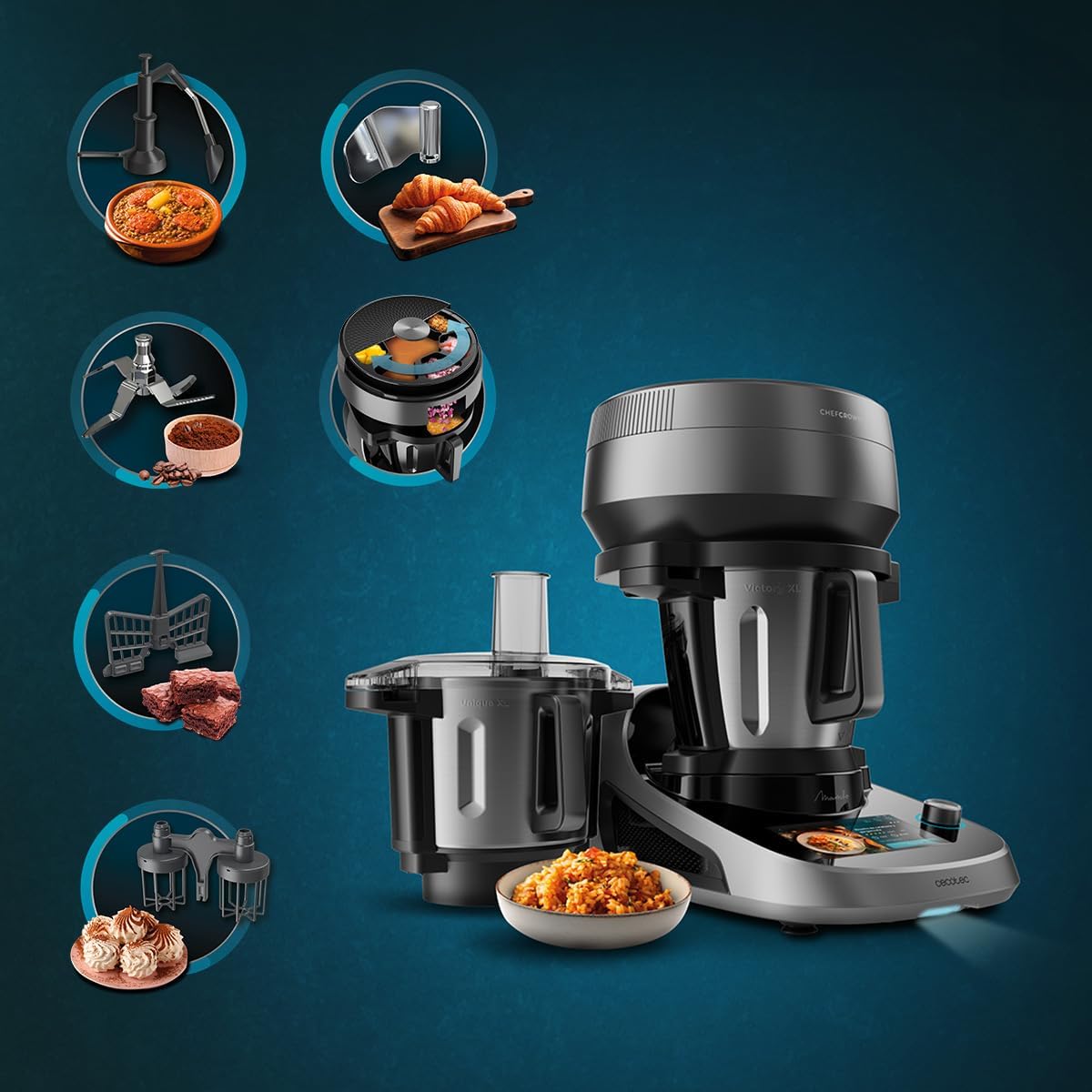 Cecotec Küchenroboter mit Lebensmittelspender Mambo CooKing Total Gourmet Essential, 2200 W, 45 Funktionen, Tausende von geführten Rezepten, 5L Unique Krug und 5L Victory Krug, Zubehör