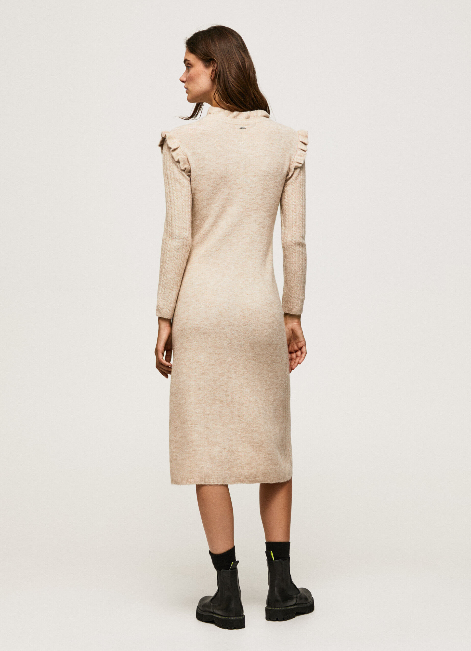 Vestido midi de tricô trançado - Bege