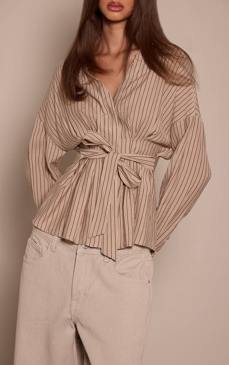 Gris Pierre Chemise Rayée Tissée Cache-cœur À Nouer