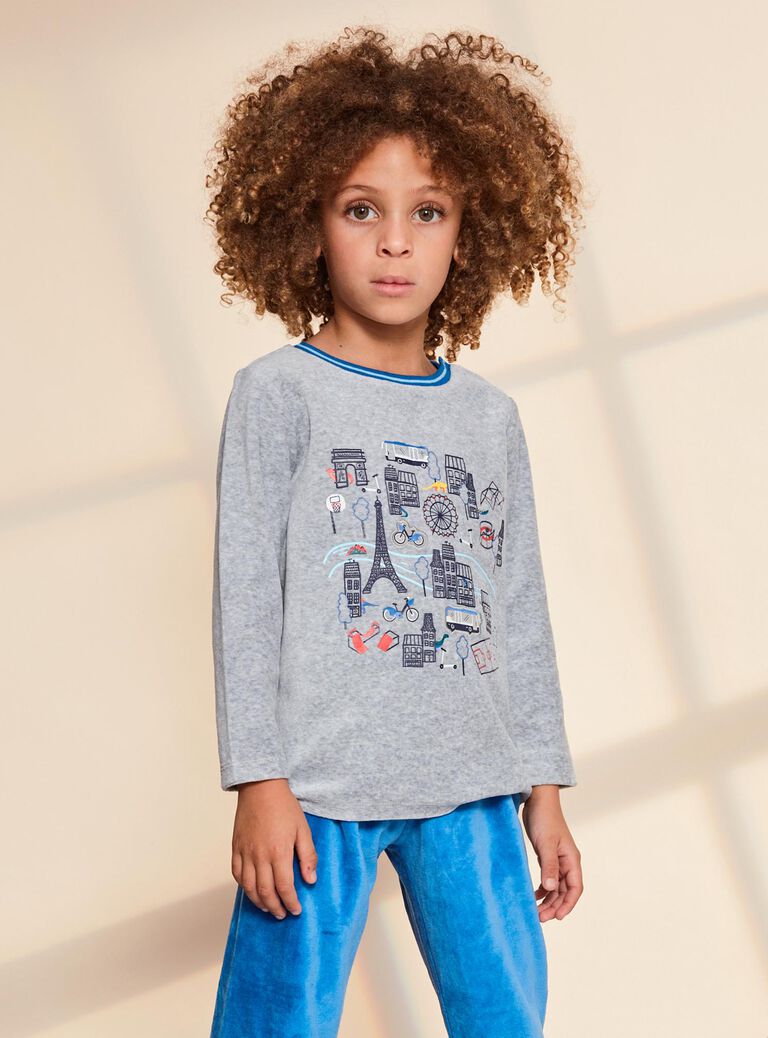 Ensemble pyjama gris chiné en velours thème Paris