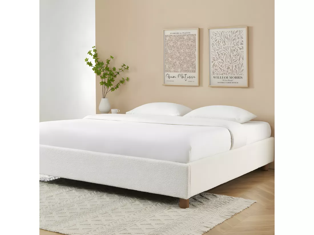 Millo - Lit coffre en tissu bouclette 180x200cm - Ecru