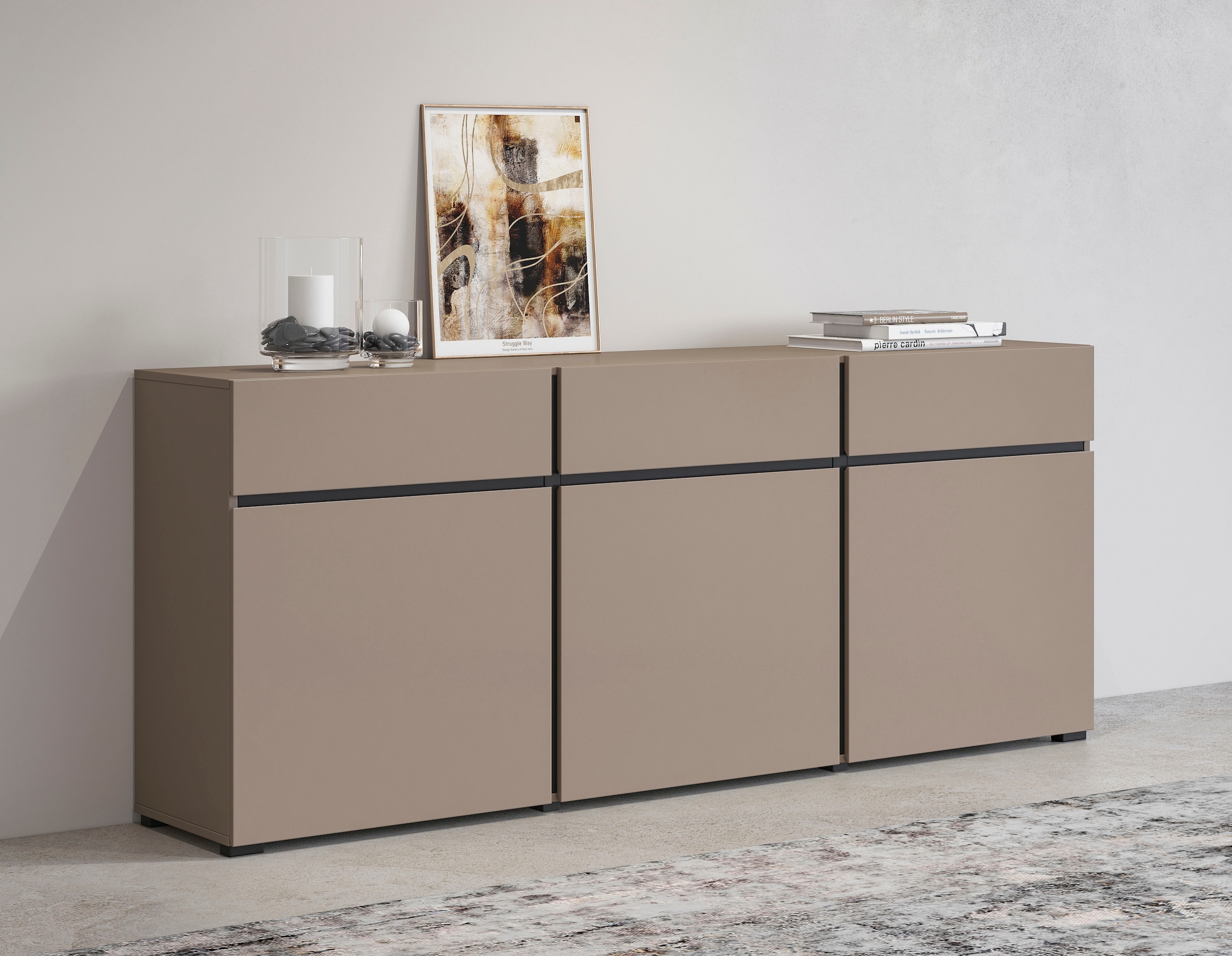 INOSIGN Kommode »Cross,Breite 180 cm, moderne grifflose Kommode,3 Türen/3 Schubkästen« Schubladenschrank mit viel Stauraum, Einlegeböden verstellbar