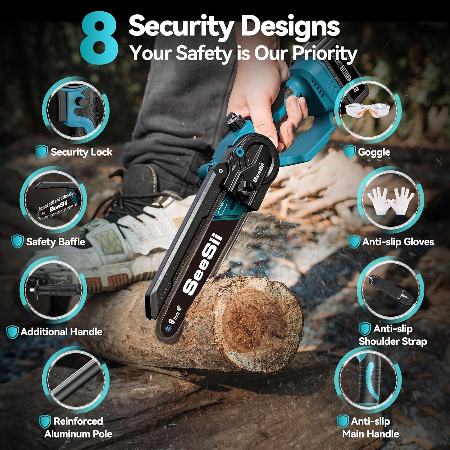 SEESII 2-in-1 Akku Astsäge & Mini Kettensäge mit 2×4000mAh Akkus, 8 Zoll Bürstenlose Kettensäge mit Teleskopstange, Ausziehbar bis 4,5m für Baumschnitt, Astschnitt und Gartenpflege