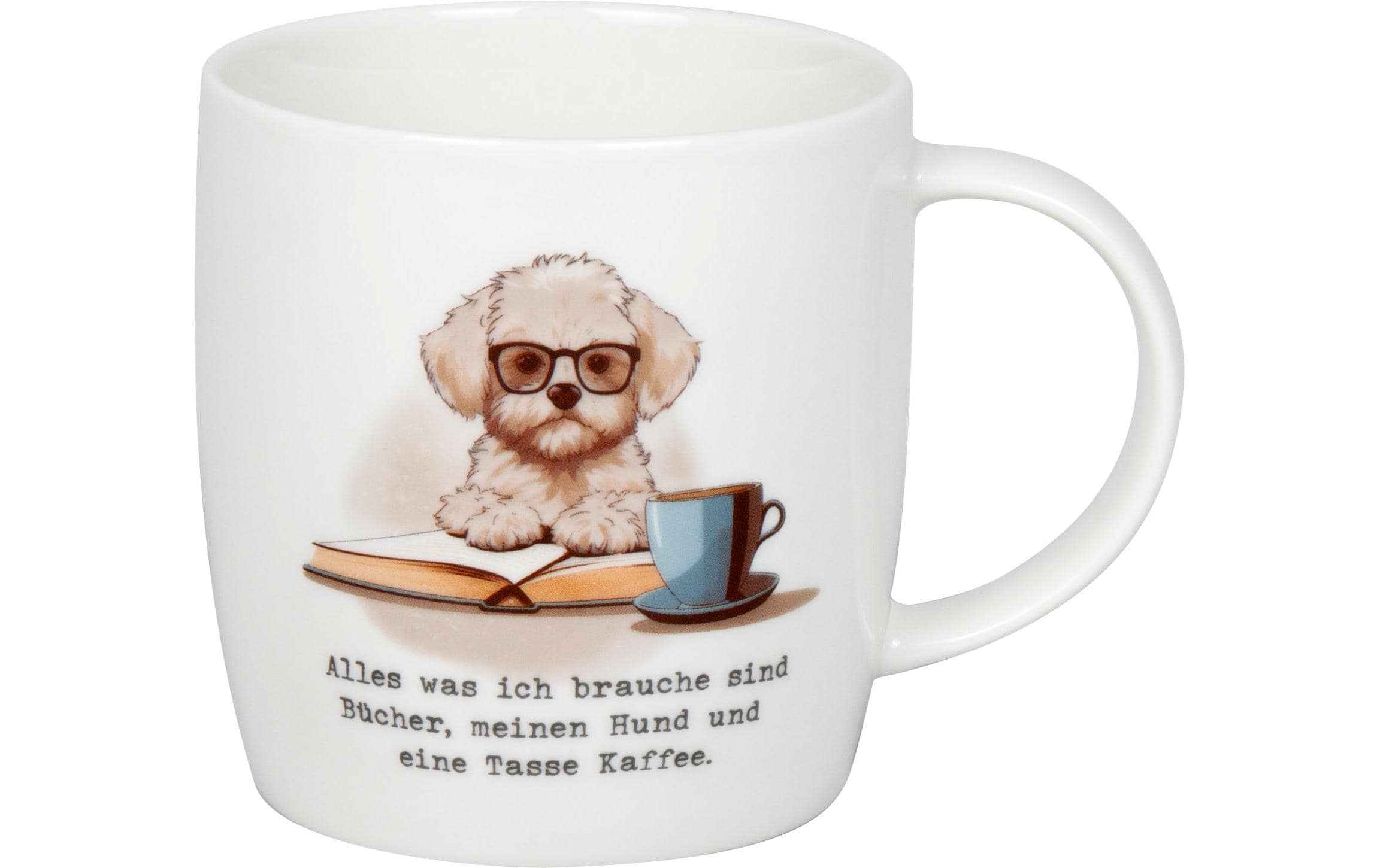 Teetasse Bücher, Hund & Kaffee 400 ml, WeissTasse mit Henkel