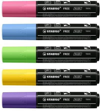 STABILO FREE Acrylic T800C Set 1 markeerstift 5 stuk(s) Beitelvormige punt Lichtgroen, Metaalachtig blauw, Roze, Violet, Geel