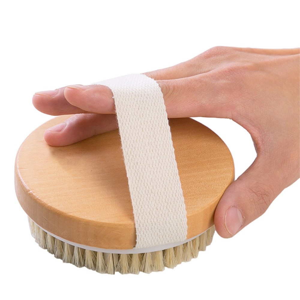 (Ø11.5cm) Holz Massagebürste Peeling Dusch Schwamm Wellness Reinigungsbürste mit Handschlaufe - Beige