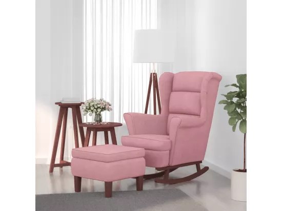 Chaise à bascule avec pieds en bois et tabouret Rose Velours