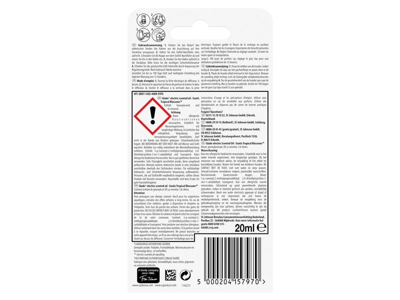 Glade Duftstecker Nachfüller Exotic Tropical Blossom 20 ml Nachfüllkartusche für elektrischen Raumduft