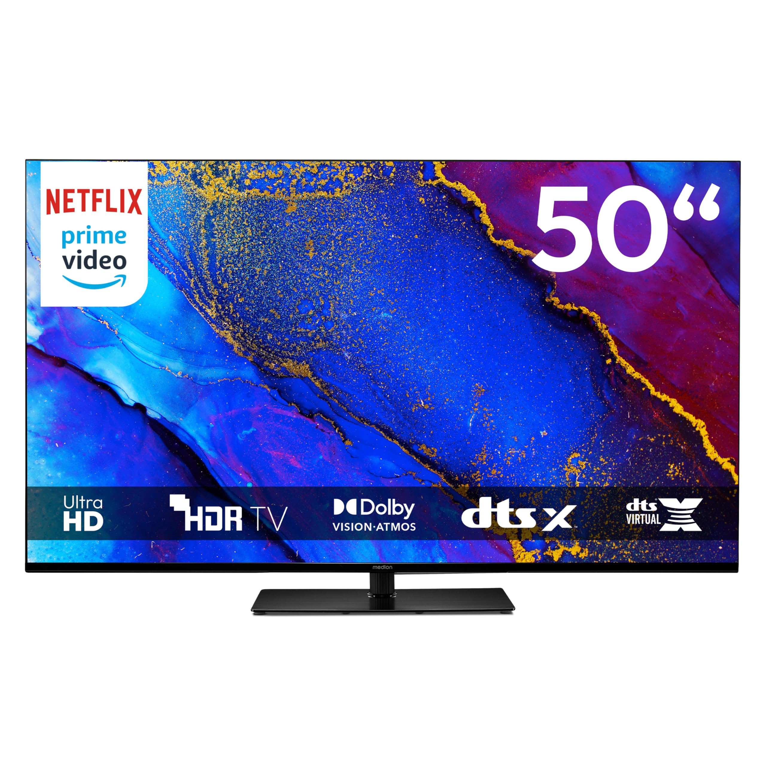 MEDION TV 50 Pouces (125,7 cm) Television (Smart TV, 4K, Dolby Vision HDR, Prime Video, Disney+, Dolby Atmos, DTS X, Compatible avec Google TV, PVR, B