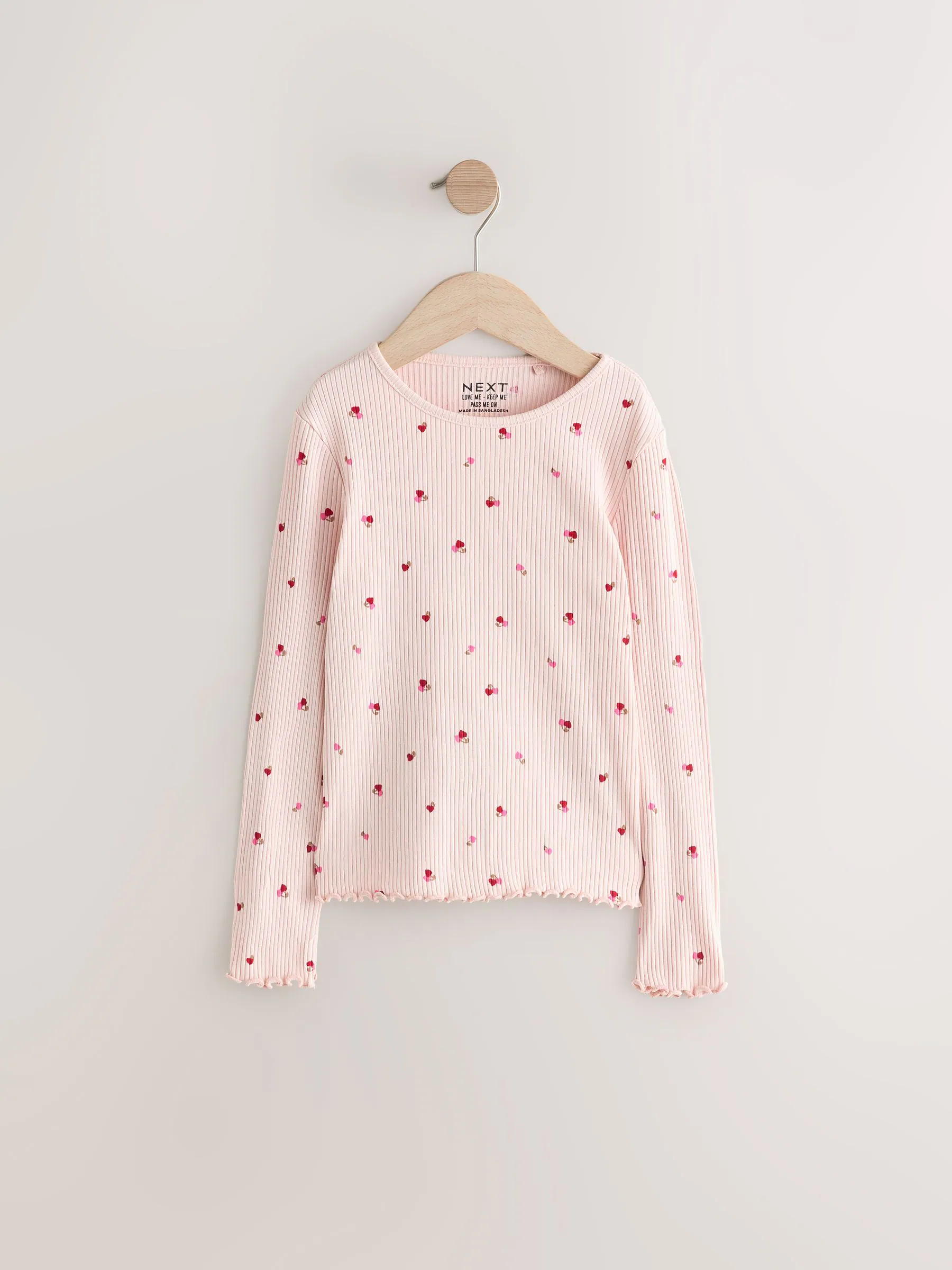 Roze kersenharten - Geribbeld T-shirt met lange mouwen (3mnd-7jr)