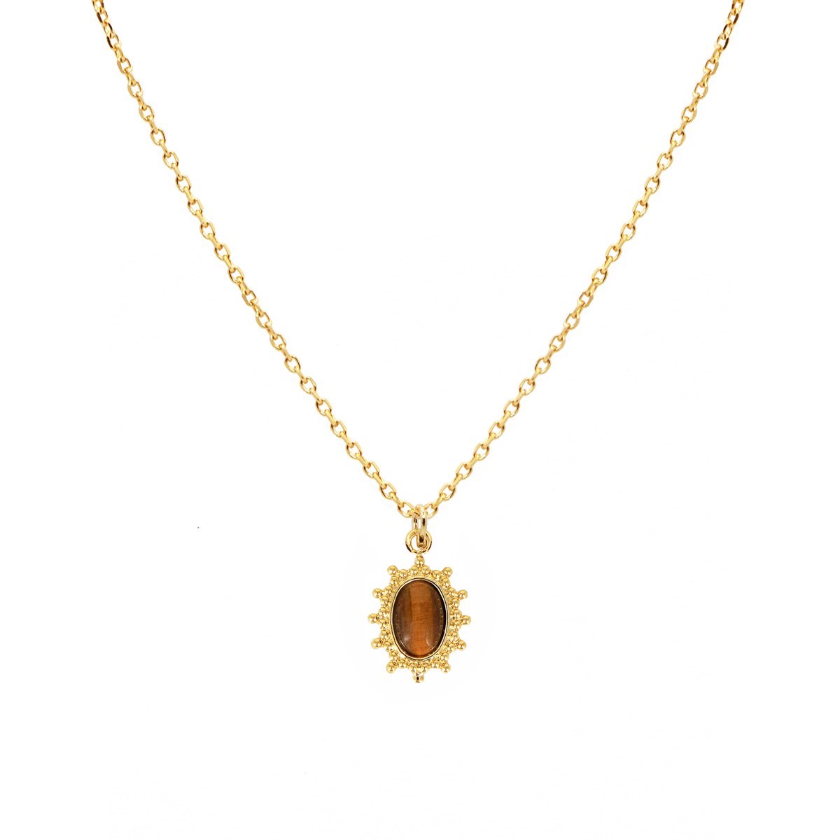 Collier médaille oeil du tigre doré à l'or fin 24k THELMA