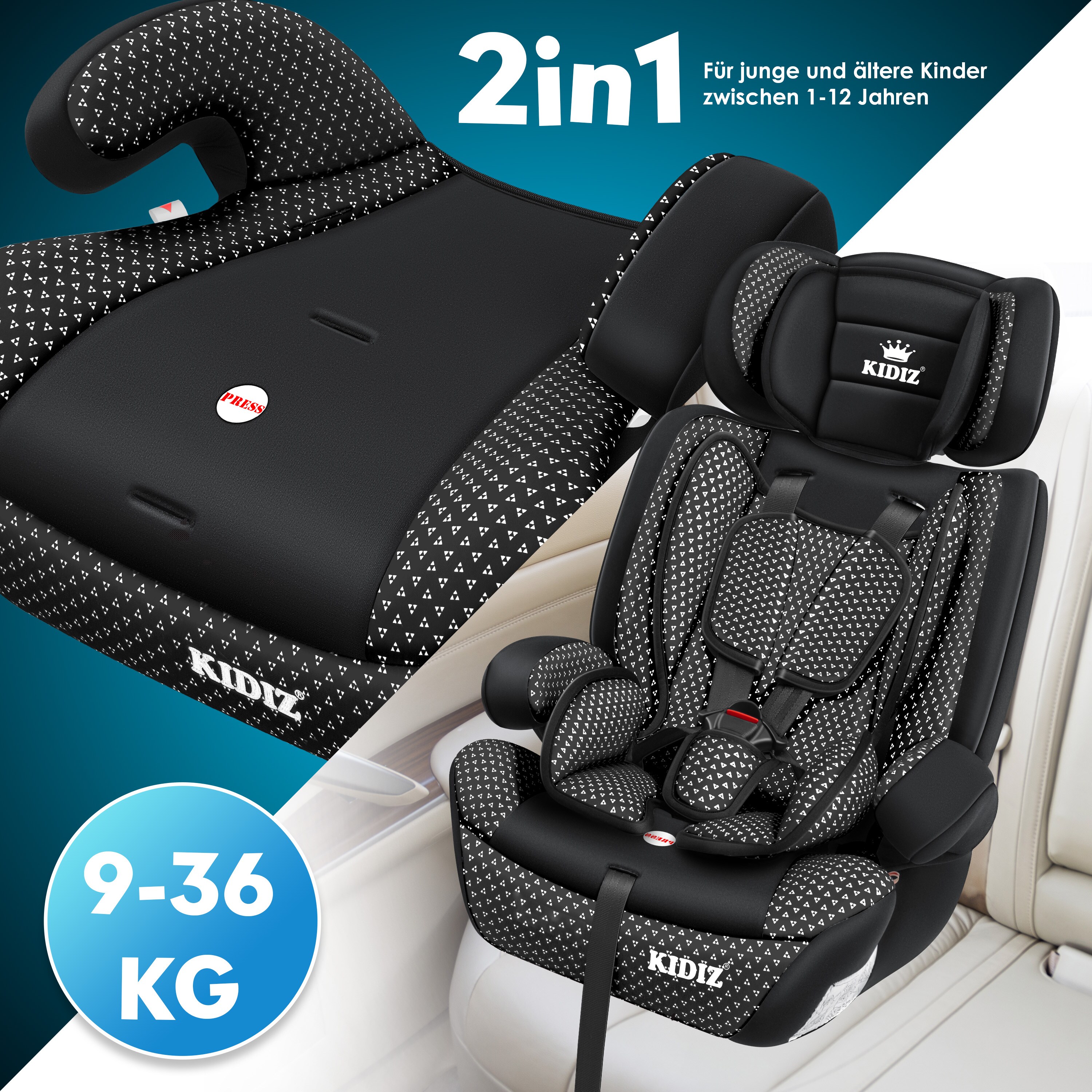 KIDIZ® Autokindersitz Kindersitz Kinderautositz | Autositz Sitzschale | 9 kg - 36 kg 1-12 Jahre | Gruppe 1/2/3 | universal | zugelassen nach ECE R129/03 | 6 verschiedenen Farben |