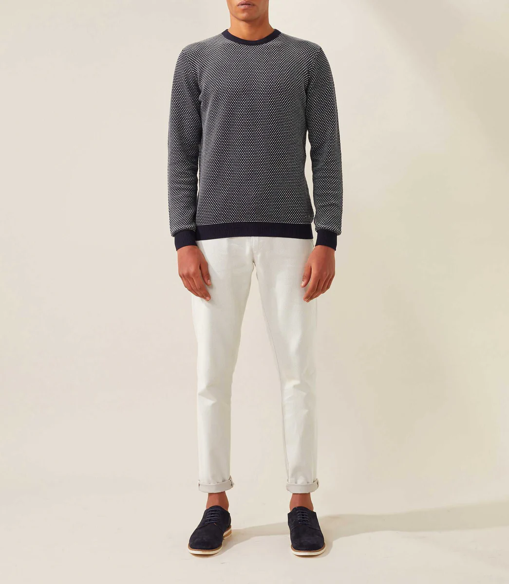 Pull col rond marine-blanc 