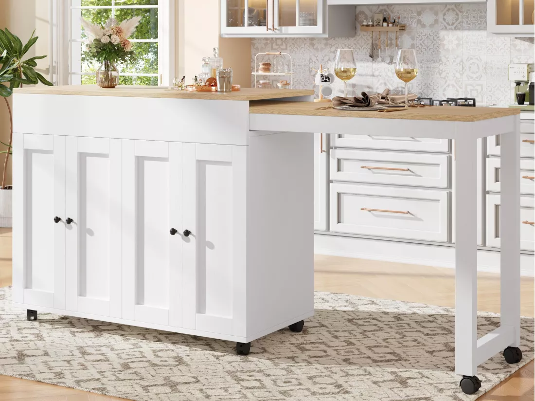 Ilot central de cuisine avec 4 portes - Plateau extensible - 118(180)x46x94 cm - Blanc+naturel