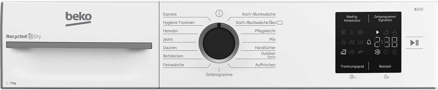 Beko BM3T37210W1 Wäschetrockner, 7 kg, Frontlader Wärmepumpentrockner, 15 Programme, Sensortrocknung, Säulenfähig, Aquawave Schontrommel, Weiß