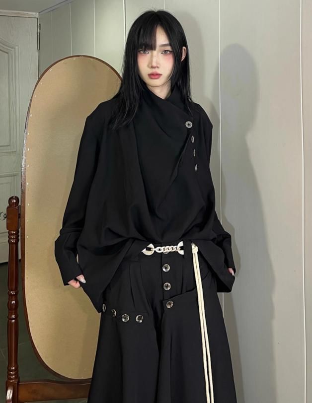 JUN.LEE - Hoge taille effen asymmetrische wijde broek / Oversized overhemd met lange mouwen