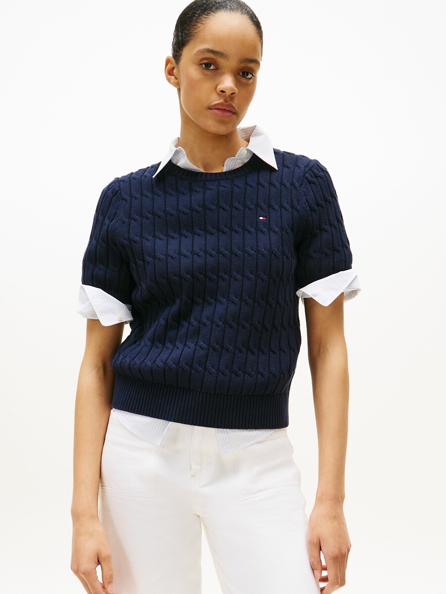 TOMMY HILFIGER<br>Suéter de tricô com gola redonda e mangas curtas