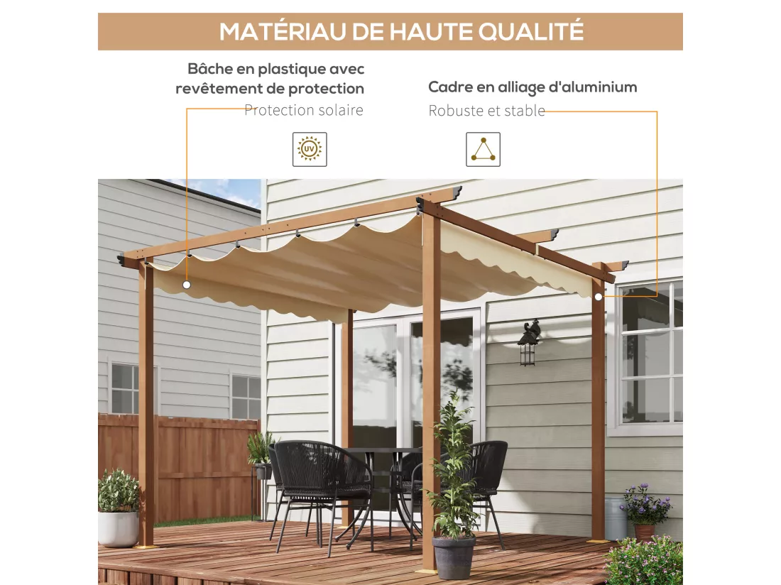 Pergola rétractable 3L x 3l x 2,25H m structure alu. aspect bois toile polyester haute densité beige