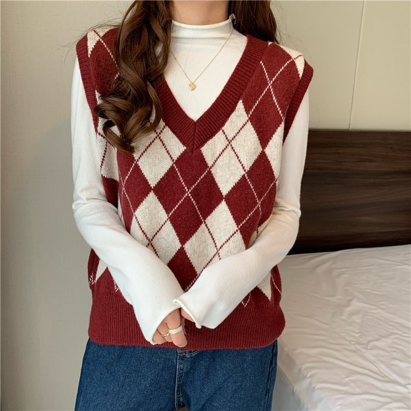 Dreamkura - Argyle V-hals trui / T-shirt met lange mouwen en mock-neck