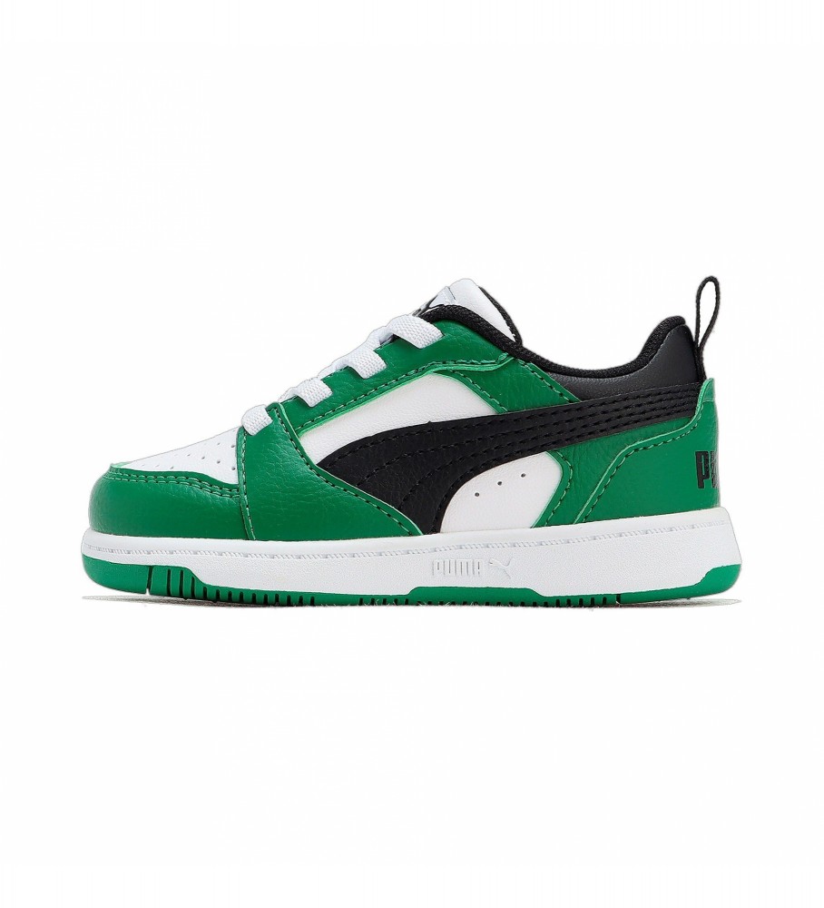 Tênis Puma Rebound V6, branco e verde.