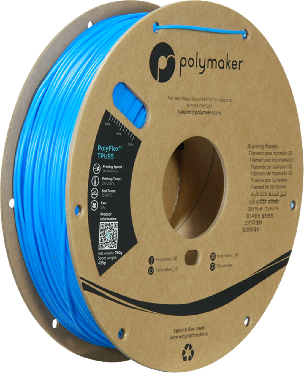 Polymaker  PolyFlex TPU95 Blau, 1,75 mm (750 g)    Blaues flexibles Filament einfach zu verarbeiten