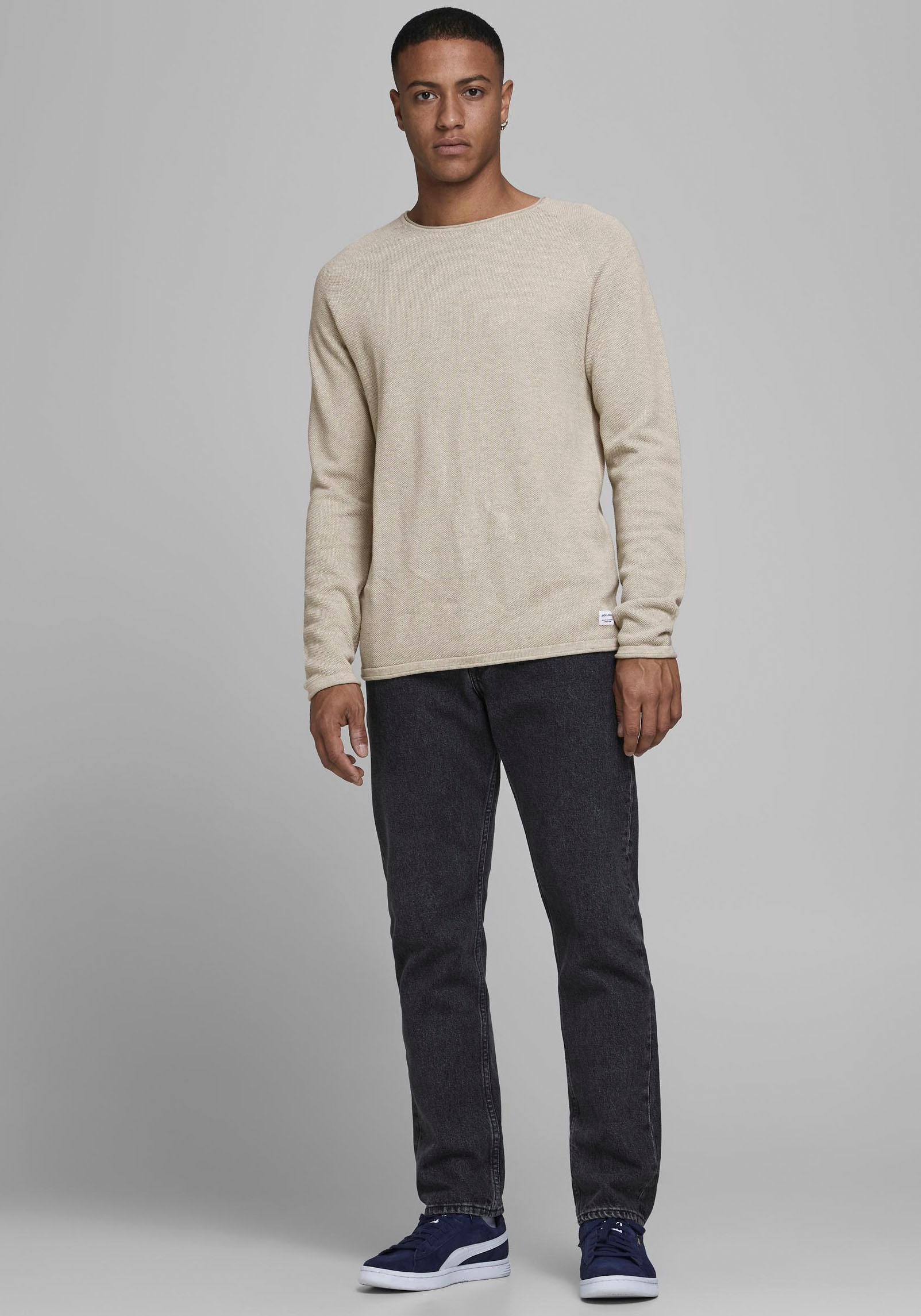 Jack & Jones Rundhalspullover »JJEHILL Einfarbiger Pullover mit angenehmem Tragegefühl«, unifarben, modisch, schmal, Baumwolle, Rundhals