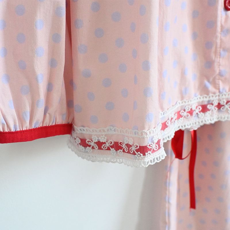 Somnus - Pyjamaset: Shirt met kanten rand en stippen + Broek